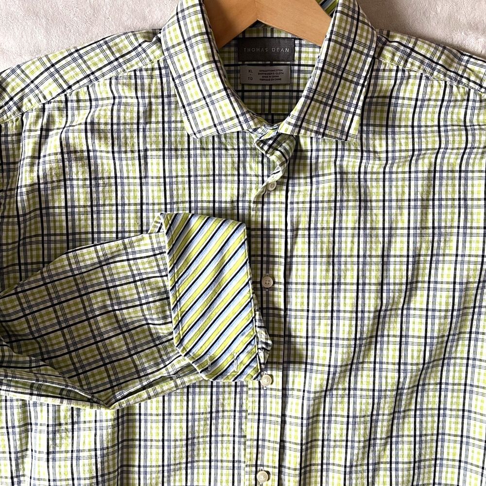 Thomas Dean Men's Shirt XL Cotton Button-Up Flip Cuffs Tattersall Green